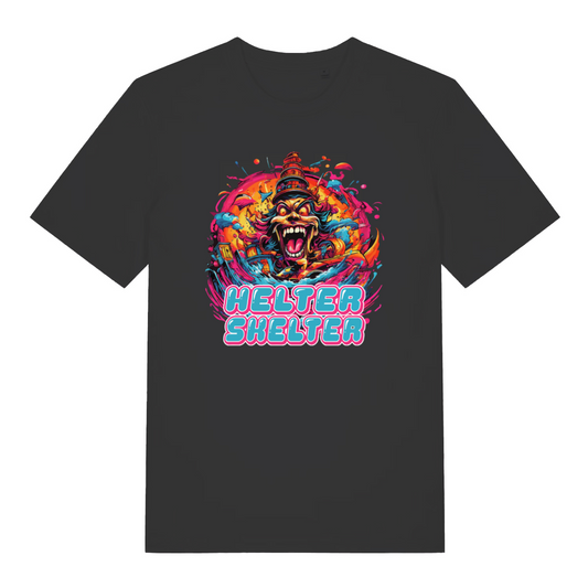 black music t-shirt with the colourful graphic of a carnival figure and the slogan 'helter skelter'