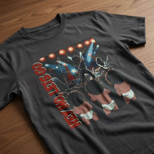 Black Hey Ho Let’s Go t-shirt on wood with concert and babies graphic, mens fun music inspired