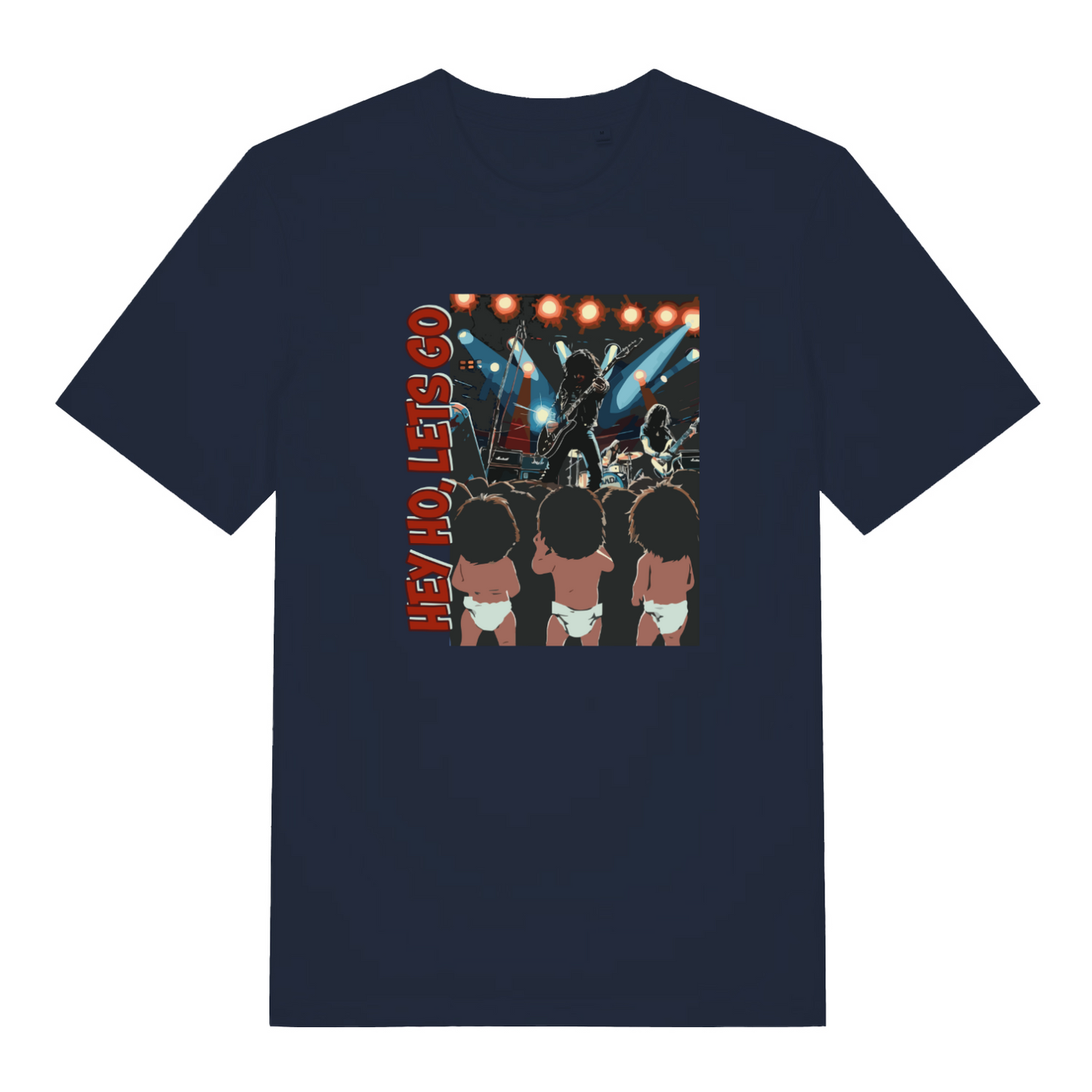 navy music t-shirt with the graphic of some babies watching a music concert and the slogan 'hey ho lets go'