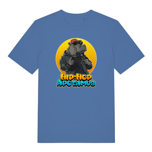 blue women's kawaii t-shirt with a graphic of a hippo wearing sunglasses and a hat, holding a microphone, with 'Hip-Hop Apotamus'