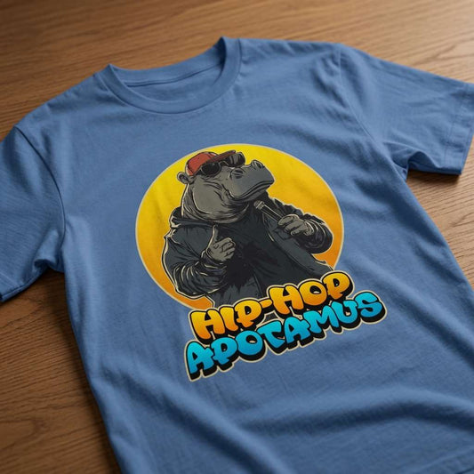 Bright blue Hip-Hop Apotamus t-shirt on wood with hippo design, funny ladies hippo graphic