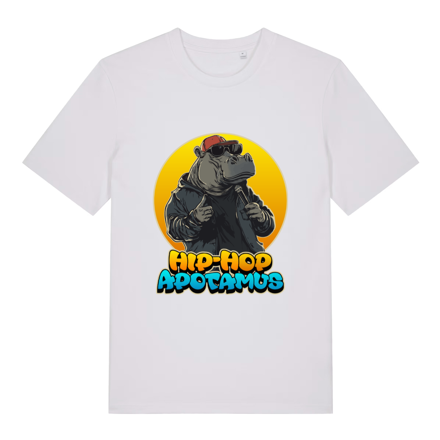 White women's Hip-Hop Apotamus T-shirt flat lay with funny hippo "Hip-Hop Apotamus" graphic
