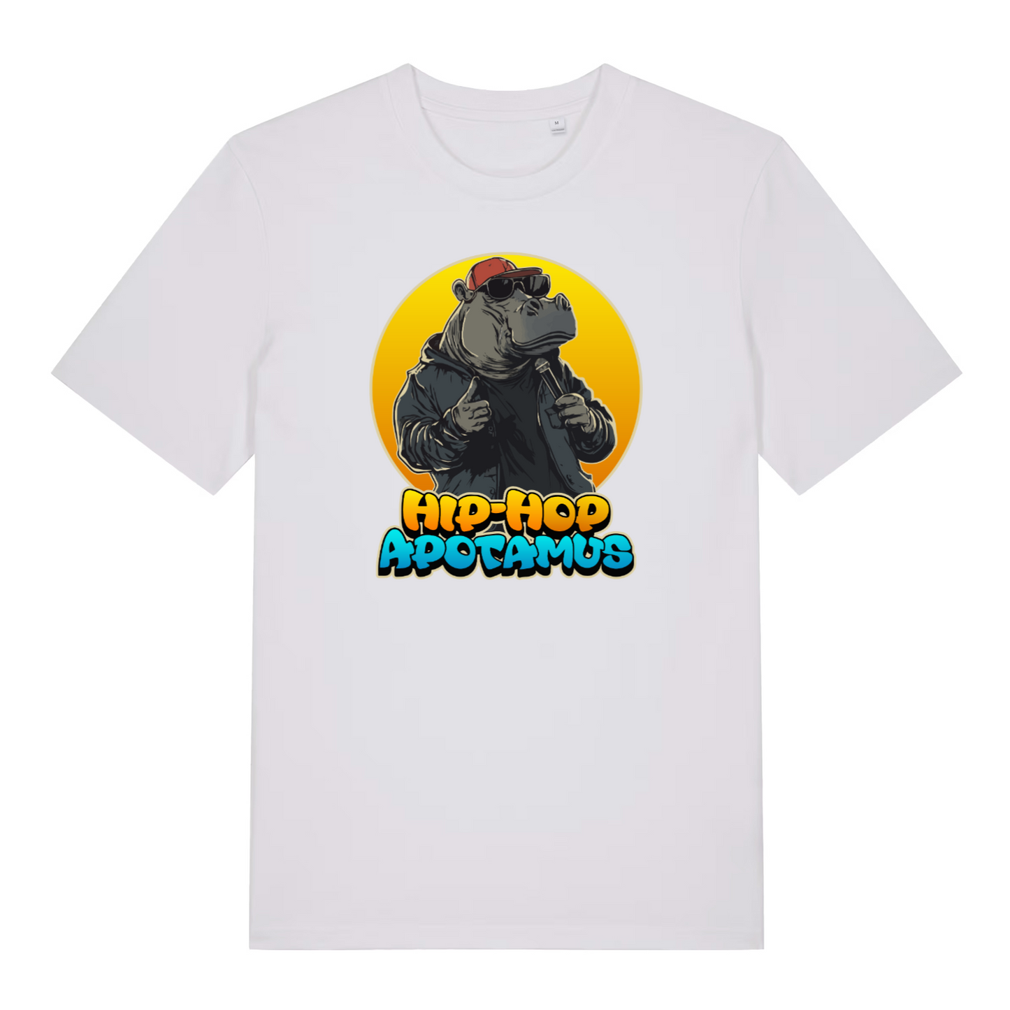 white women's kawaii t-shirt with a graphic of a hippo wearing sunglasses and a hat, holding a microphone, with 'Hip-Hop Apotamus'