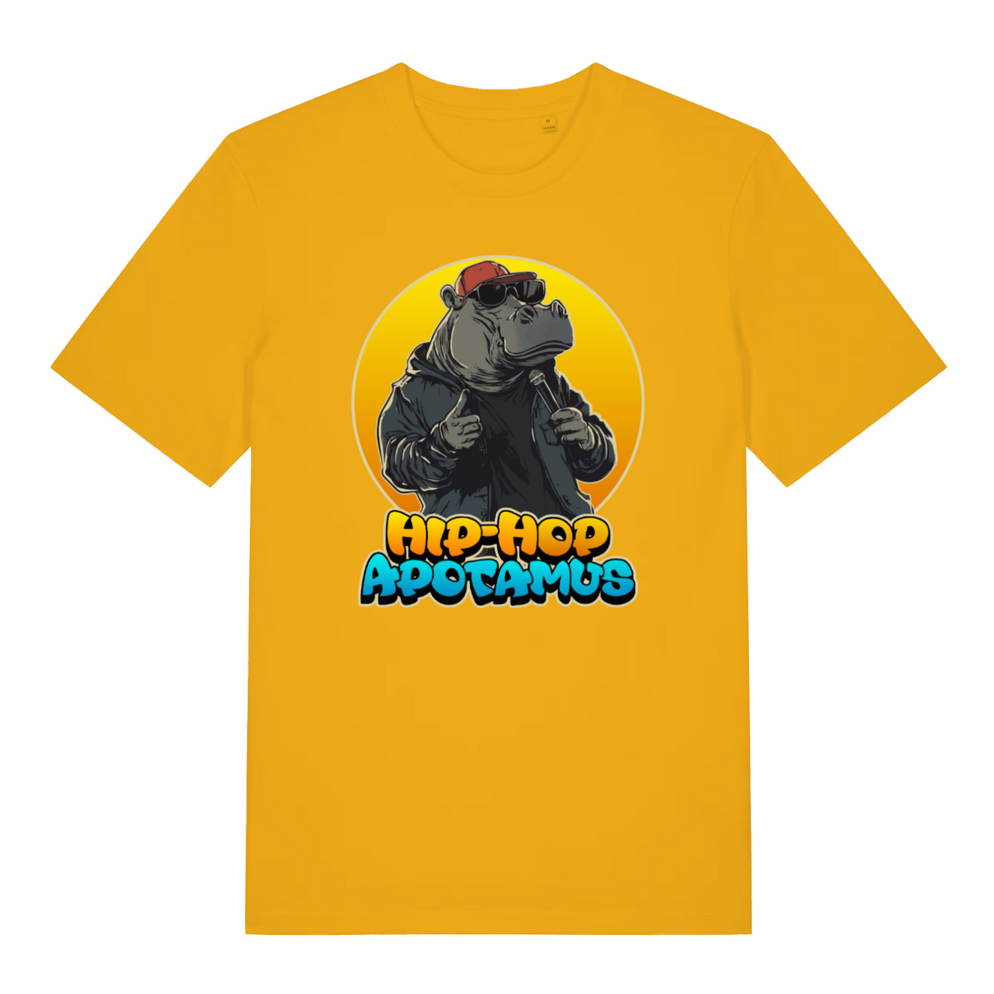 yellow funny animal t-shirt with the graphic of a hippopotamus and the slogan 'hip-hop apotamus'