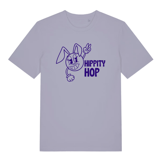 lavender women's graphic t-shirt with a cartoon bunny design