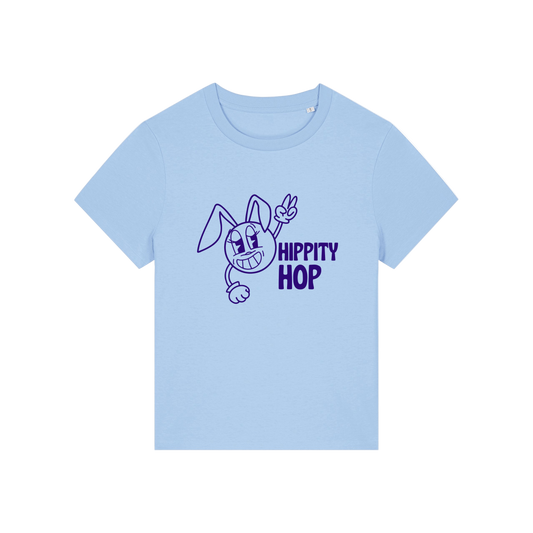 light blue funny t-shirt with a smiley graphic and the slogan 'hippety hop'