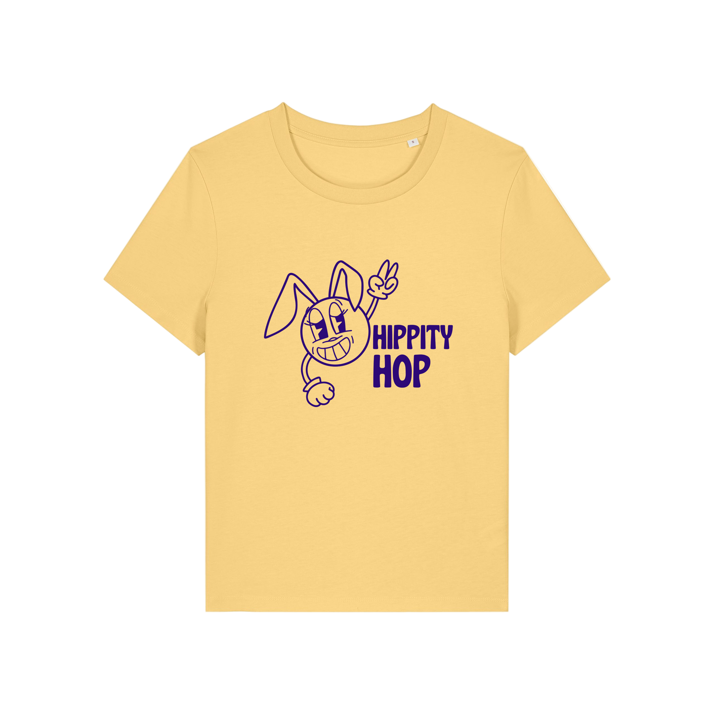 yellow funny t-shirt with a smiley graphic and the slogan 'hippety hop'