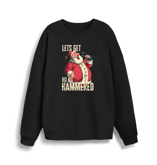 black christmas sweater with a graphic of santa drinking a beer and the slogan 'lets get ho ho hammered'