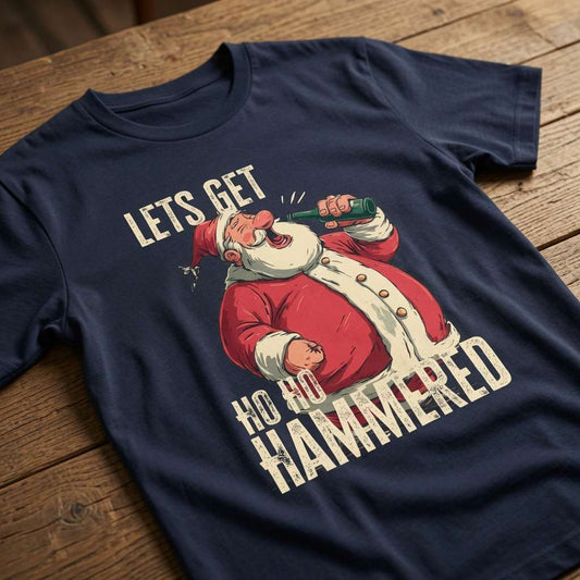 Navy Let’s Get Ho Ho Hammered t-shirt on wood featuring Santa drinking from bottle, fun mens witty xmas beer banter