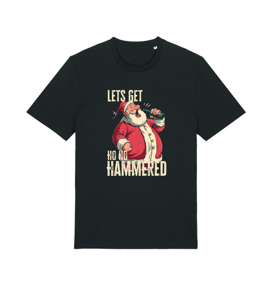 black christmas t-shirt with the graphic of santa drinking a beer and the slogan 'lets get ho ho hammered'