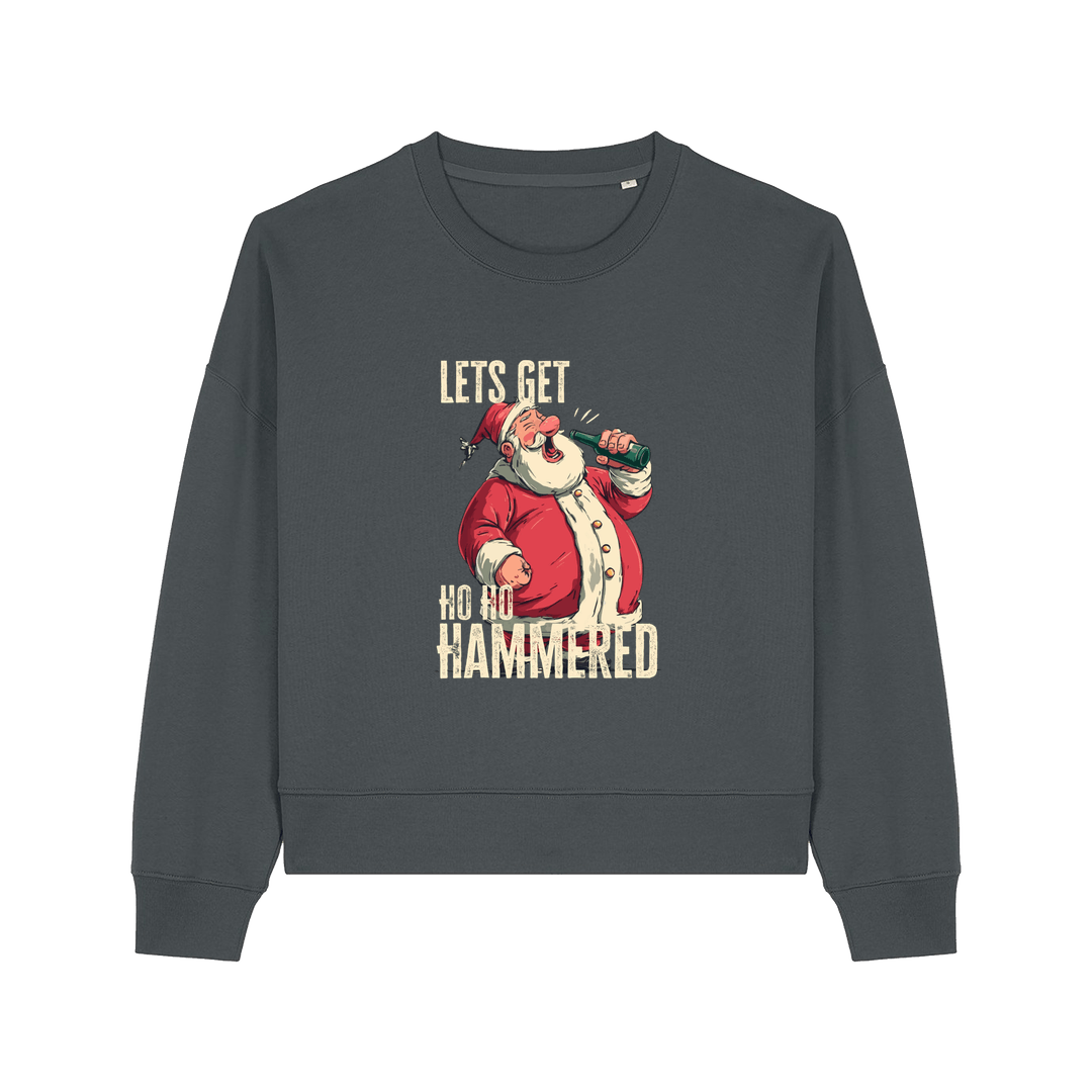 grey christmas sweater with the graphic of santa drinking a beer and the slogan 'lets get ho ho hammered'