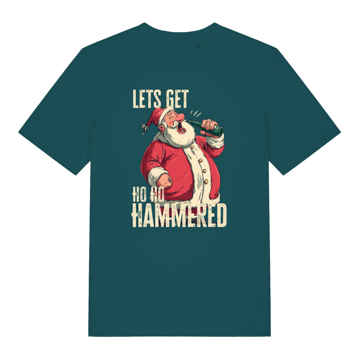 teal women's christmas t-shirt with a graphic of Santa Claus holding a beer and text 'LET'S GET HO HO HAMMERED'