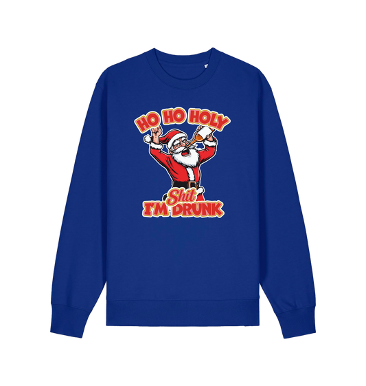 blue christmas sweater with the graphic of santa drinking a beer and the slogan 'ho ho holy shit i'm drunk'
