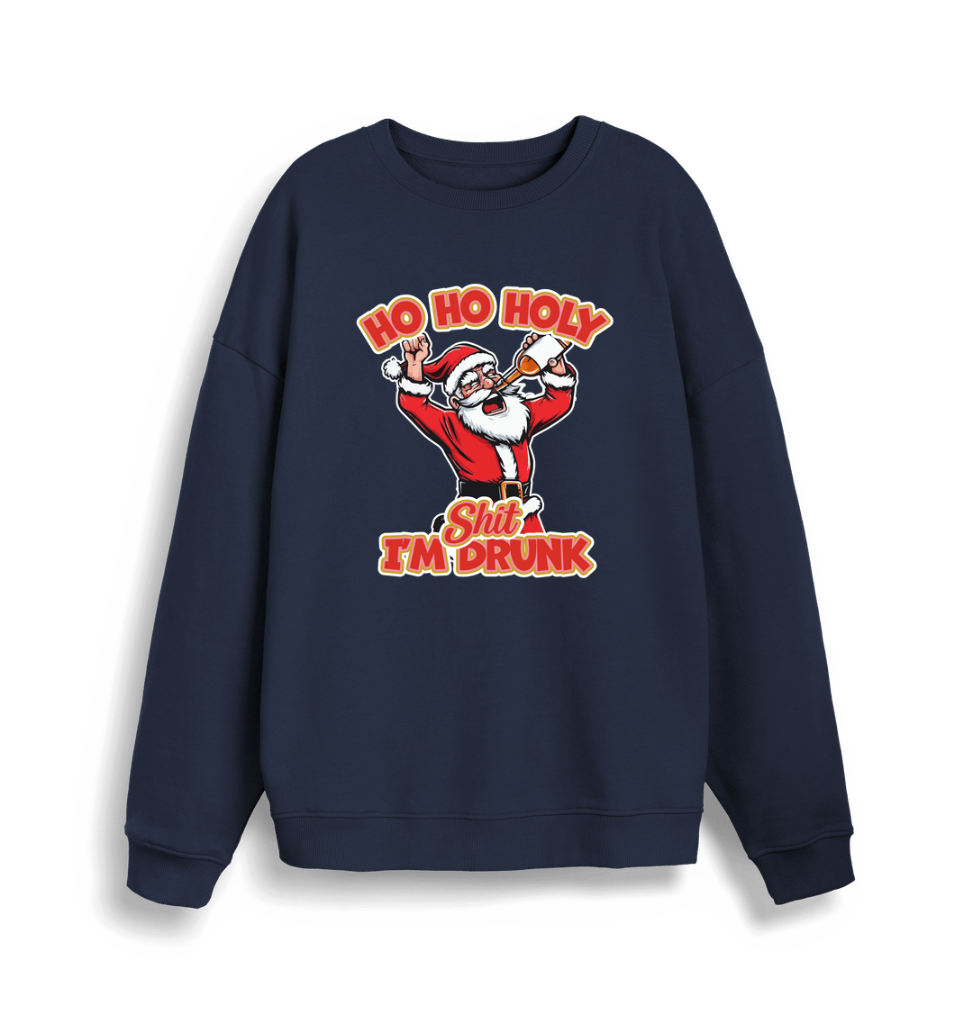 navy christmas sweater with the graphic of santa drinking a beer and the slogan 'ho ho holy shit i'm drunk'