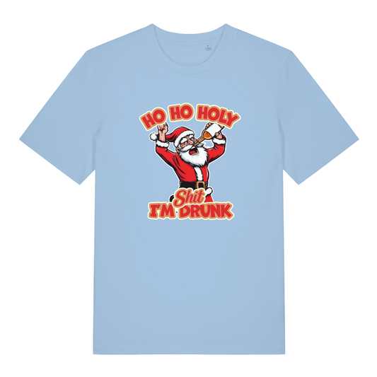 light blue christmas t-shirt with the graphic of santa and the slogan 'ho ho holy shit i'm drunk'