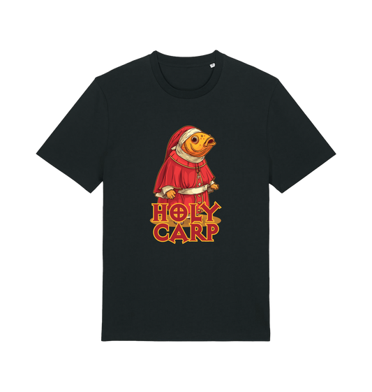 black funny offensive t-shirt with the graphic of a fish dressed in holy robes and the slogan 'holy carp'