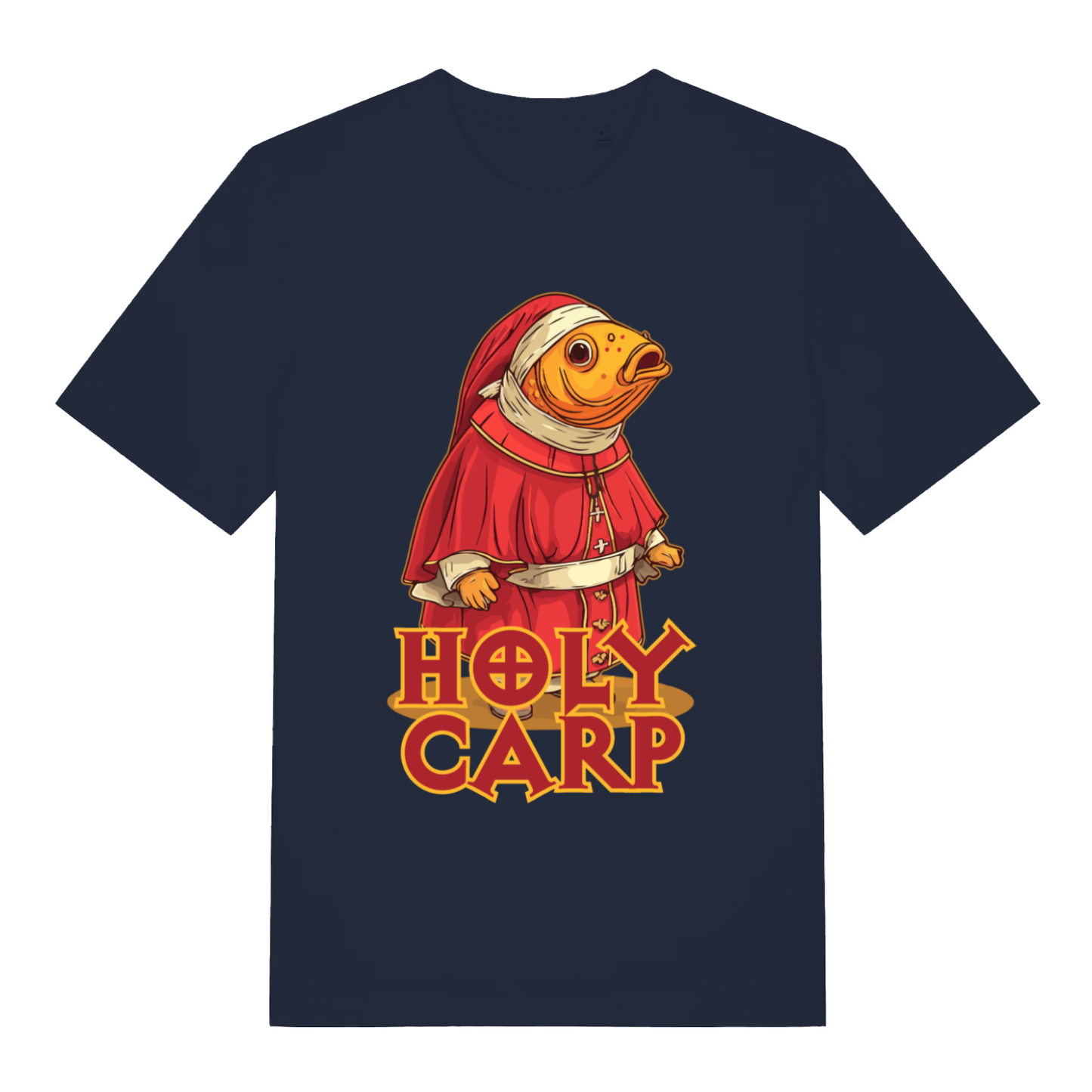 French Navy Holy Carp T-shirt flat lay showing "Holy Carp" religious fish pun design