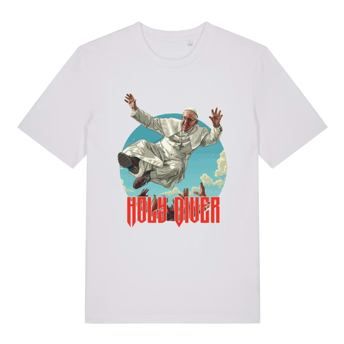 White Holy Diver T-shirt flat lay displaying Holy Diver Pope Francis parody