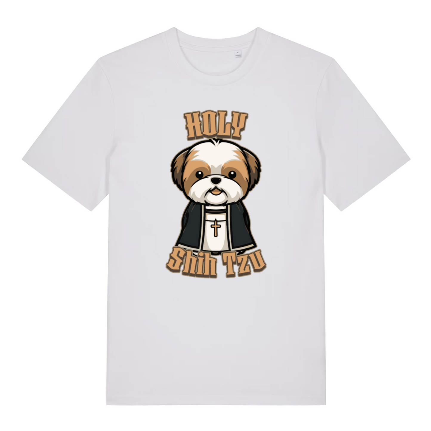 white women's funny animal t-shirt with a cartoon dog and 'Holy Shih Tzu' text
