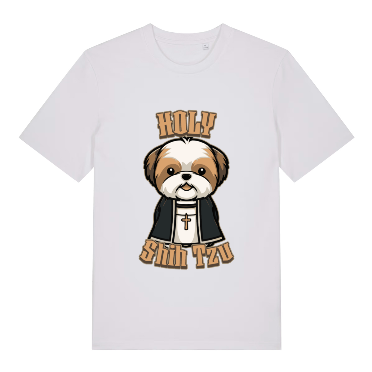 White women's Holy Shihtzu T-shirt flat lay with cute Shih Tzu priest "Holy Shihtzu" graphic