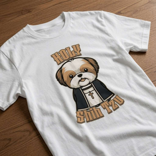 White Holy Shih Tzu t-shirt on wood featuring priest dog, humorous ladies dog pun