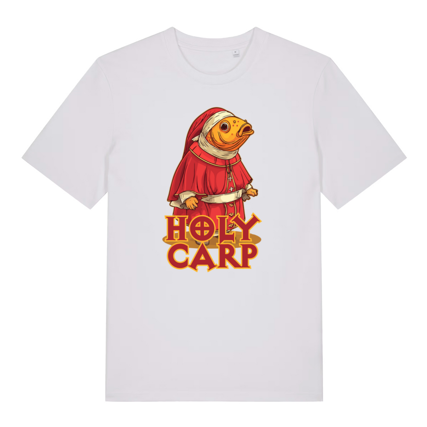 white funny offensive t-shirt with the graphic of a fish dressed as a cardinal and the slogan 'holy carp'