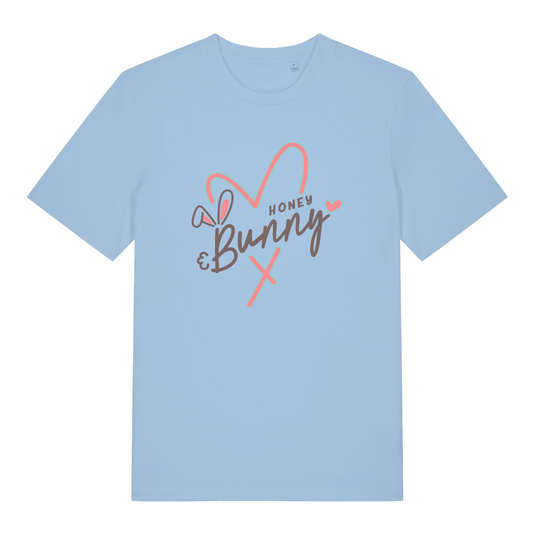 light blue women's graphic t-shirt with a love heart and bunny design and the text 'honey bunny'