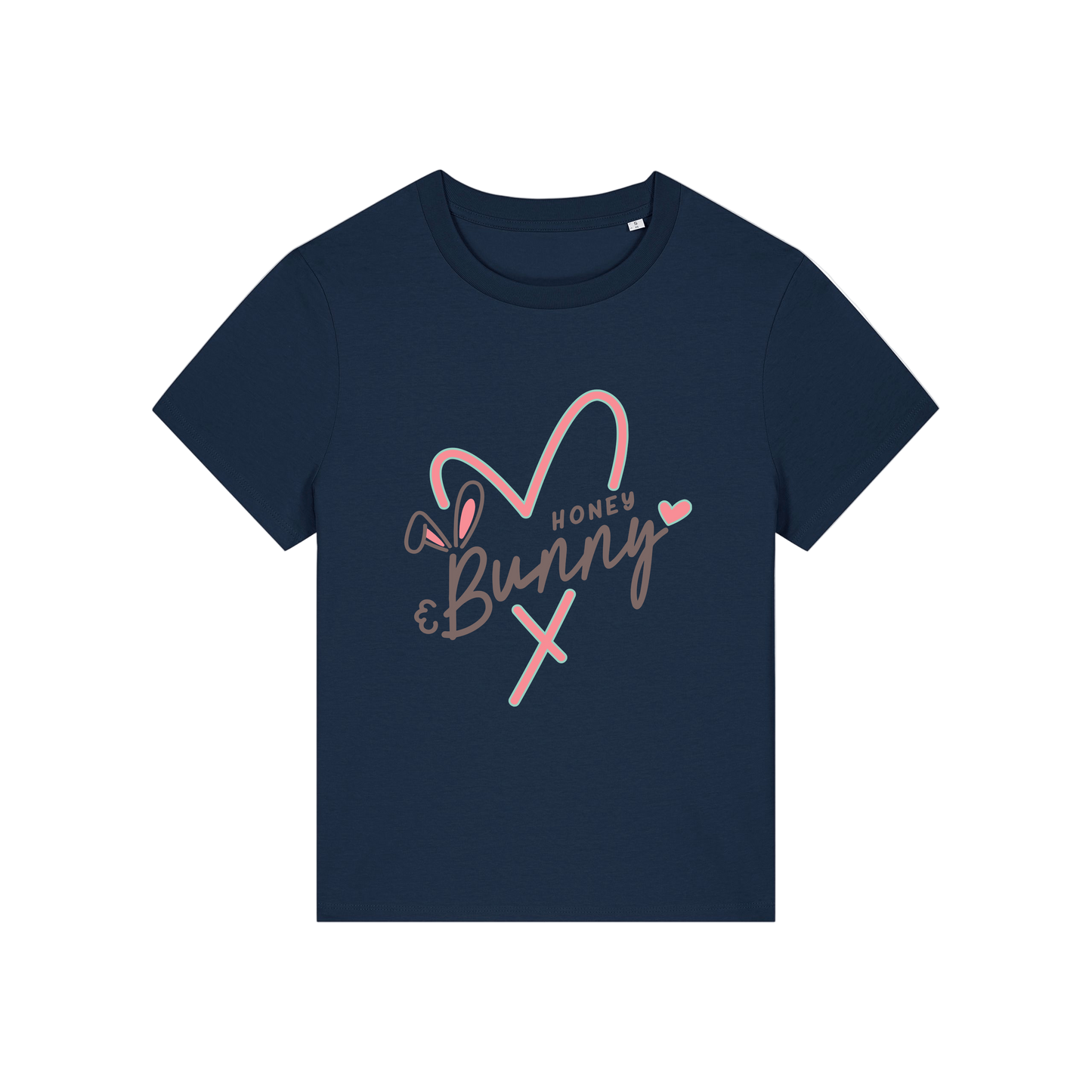 navy graphic t-shirt with a pink love heart and the words 'honey bunny'