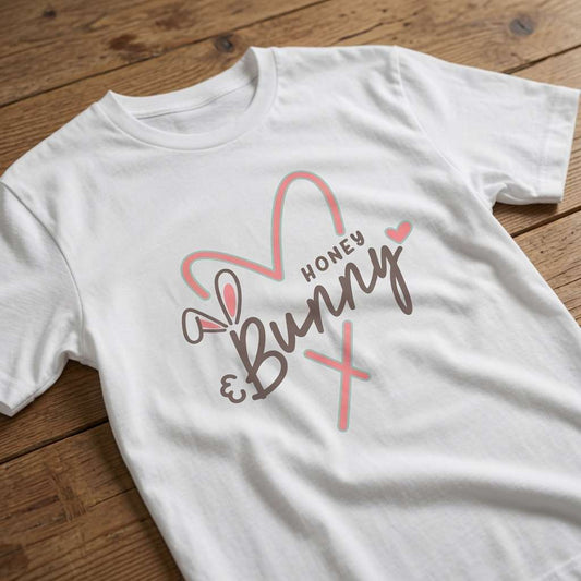 White Honey Bunny t-shirt on wood with bunny ears and heart design, ladies feel good gift for mum