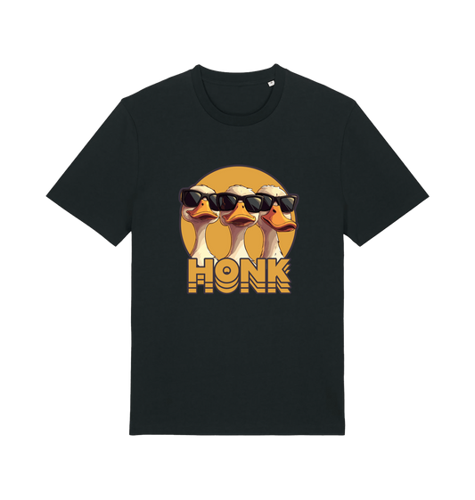 black funny graphic t-shirt with three geese in sunglasses and the slogan 'honk'