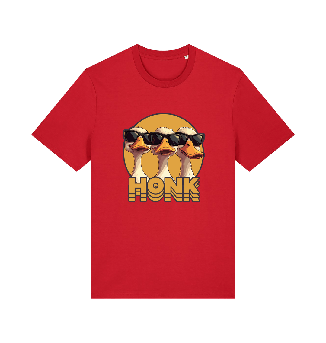 red funny graphic t-shirt with three geese in sunglasses and the slogan 'honk'