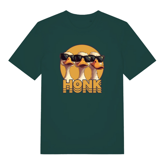 green funny animal t-shirt with the graphic of three geese wearing sunglasses and the word 'honk'
