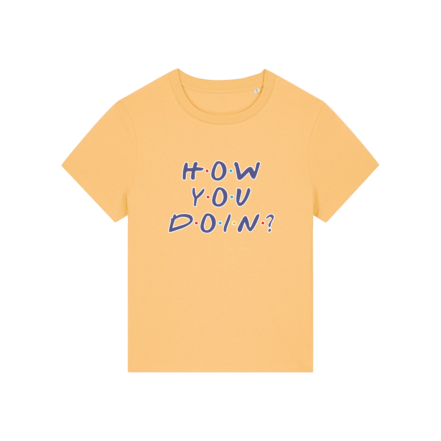yellow slogan t-shirt that reads 'how you doin'