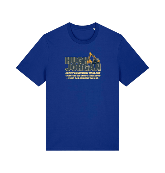 blue funny offensive t-shirt with 'Hugh Jorgan' graphic design