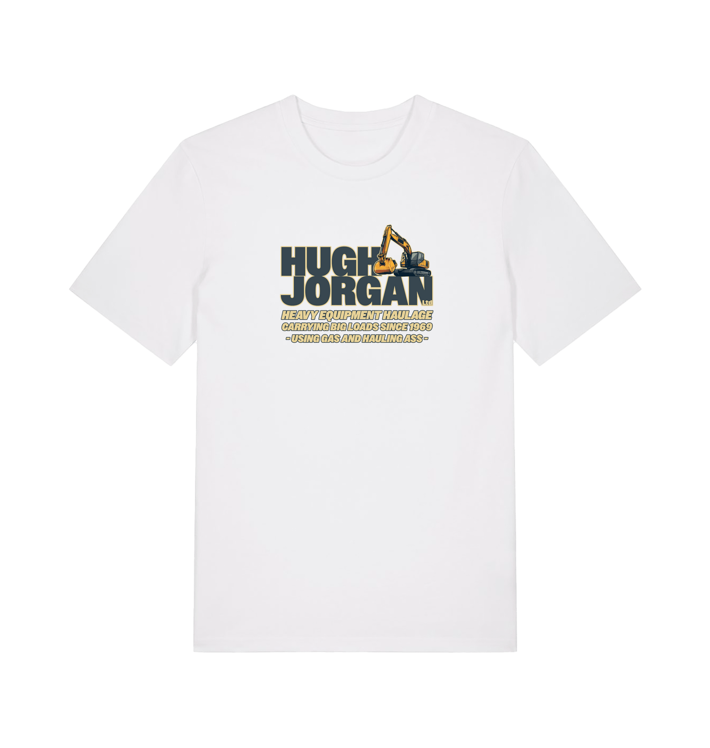 white funny offensive t-shirt with 'Hugh Jorgan' graphic design