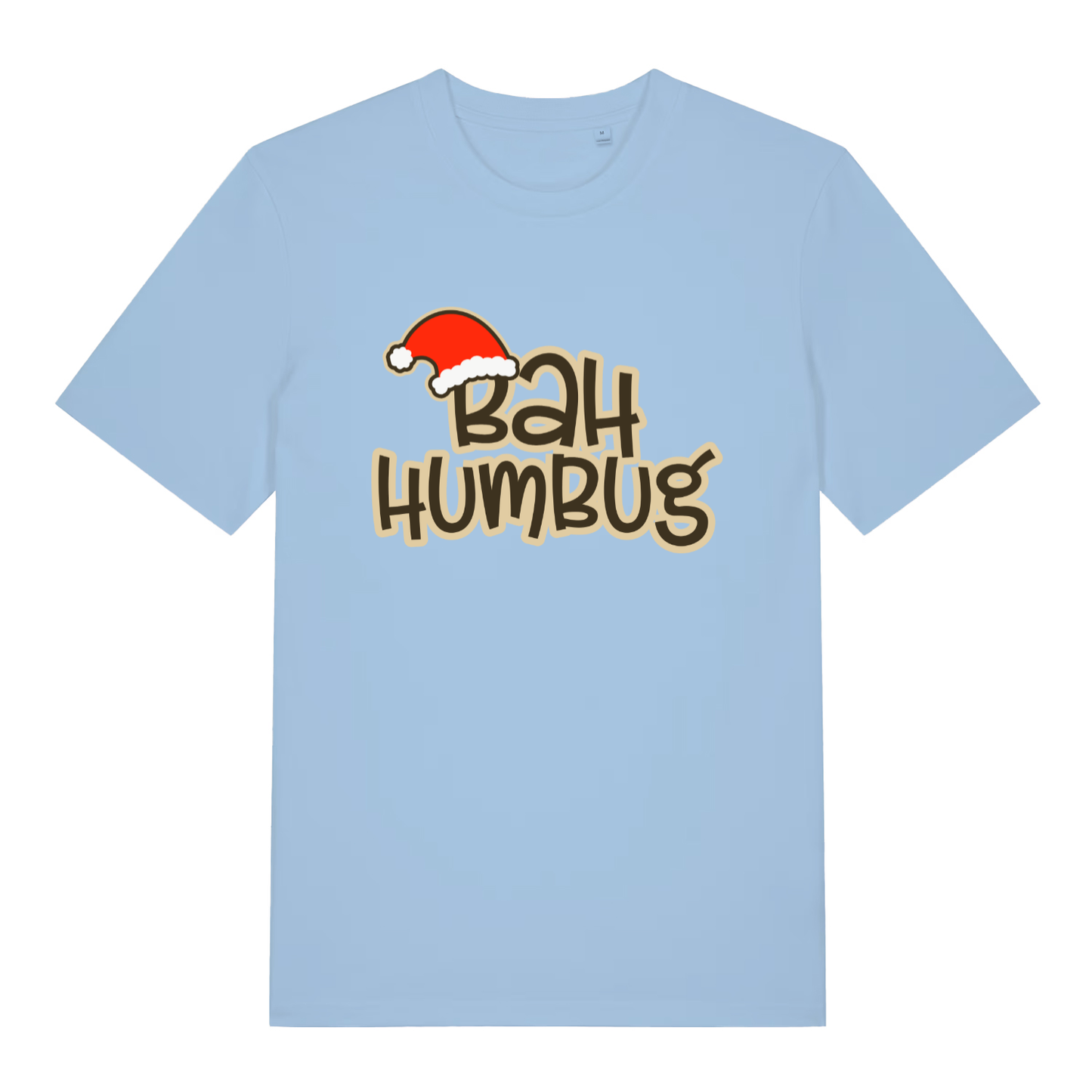 Sky blue women's Bah Humbug funny graphic t-shirt showing fun Santa hat on "BAH HUMBUG" lettering for holiday sarcasm
