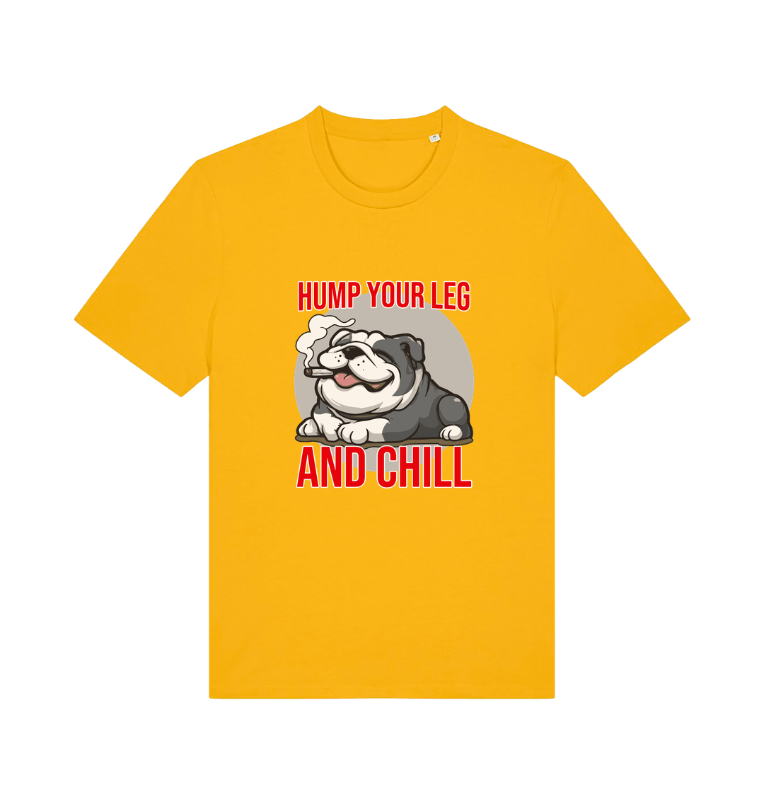 yellow funny dog t-shirt with a graphic of a dog and the slogan 'Hump Your Leg and Chill'