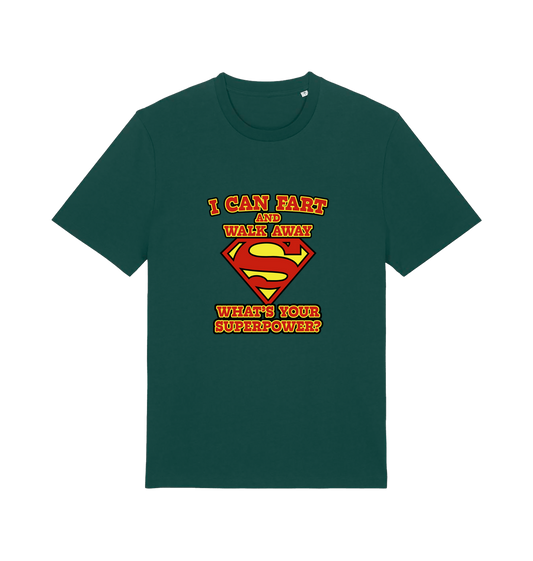 green funny dad t-shirt with Superman logo and slogan 'i can fart and walk away what's your superpower'