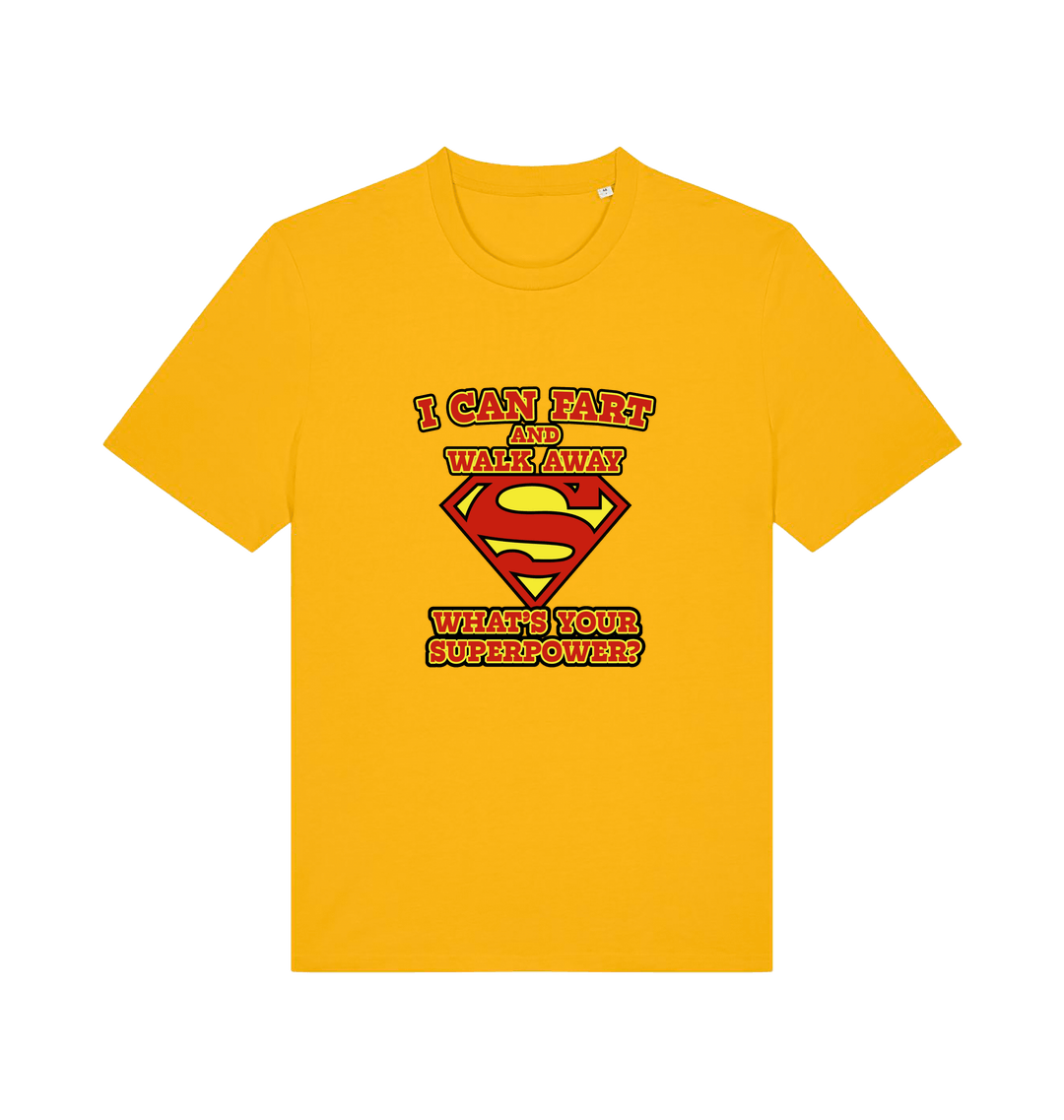 yellow funny dad t-shirt with Superman logo and slogan 'i can fart and walk away what's your superpower'