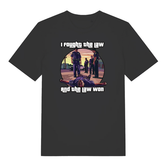 black women's music t-shirt with a GTA style graphic and the text 'i fought the law and the law won'
