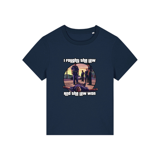 navy music t-shirt with a graphic design in the style of GTA and the slogan 'i fought the law and the law won'