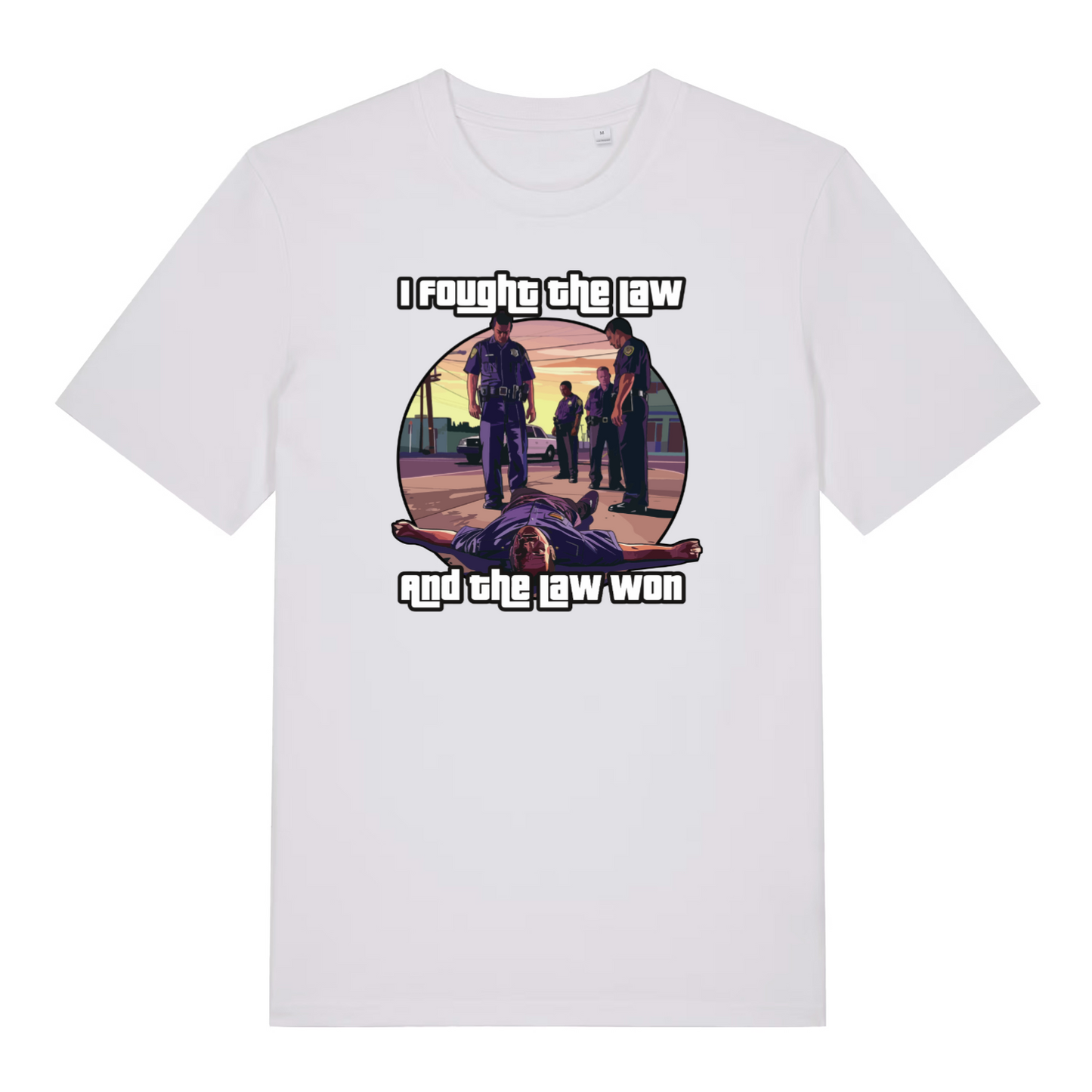 white women's music t-shirt with a GTA style graphic and the text 'i fought the law and the law won'