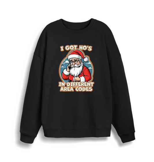 black christmas sweater with the graphic of santa on the telephone and the slogan 'i got ho's in different area codes'