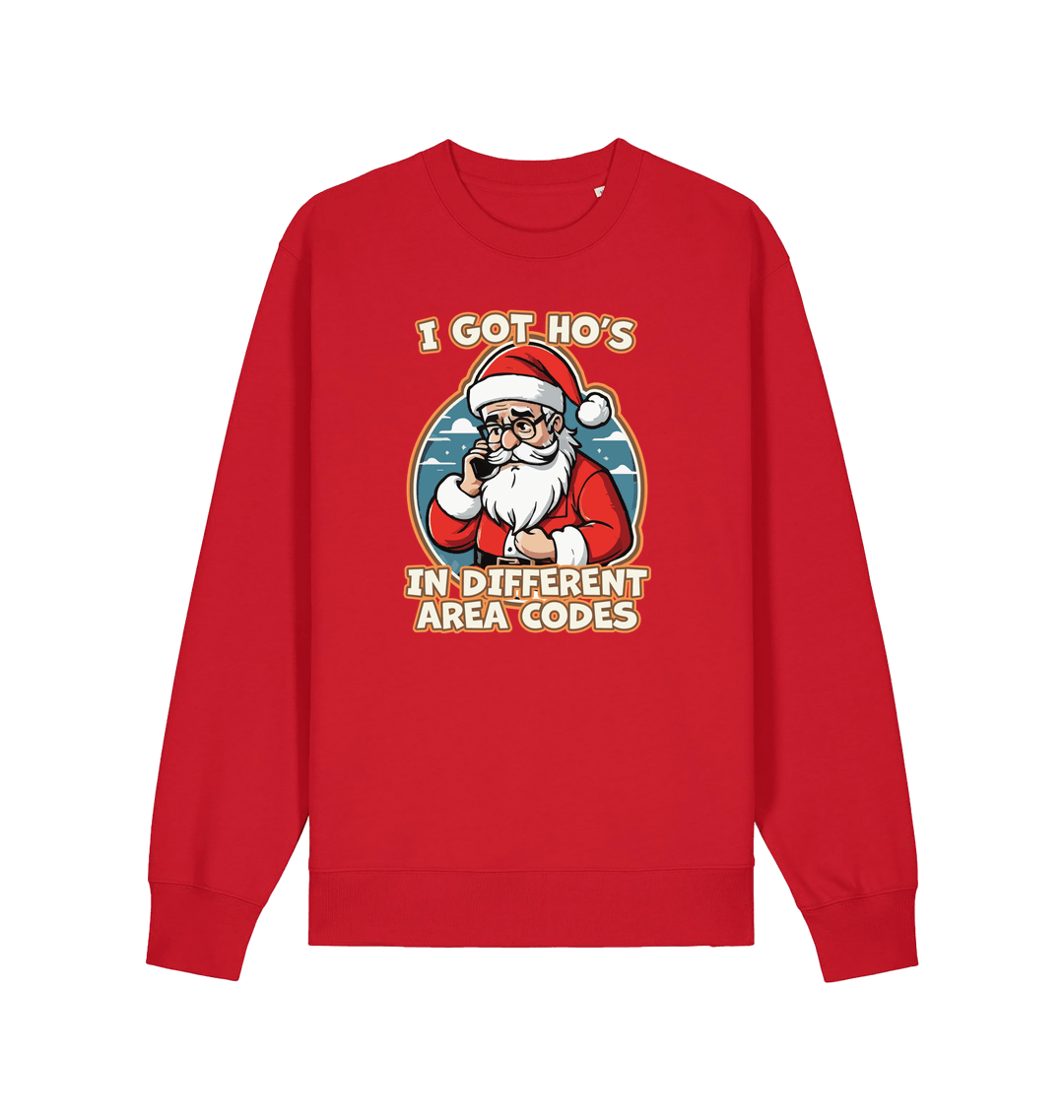 red christmas sweater with the graphic of santa on the telephone and the slogan 'i got ho's in different area codes'