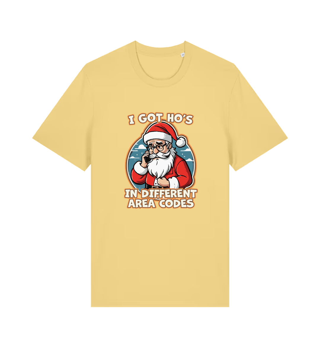 yellow christmas t-shirt with the graphic of santa claus on the telephone and the slogan 'i got ho's in different area codes'