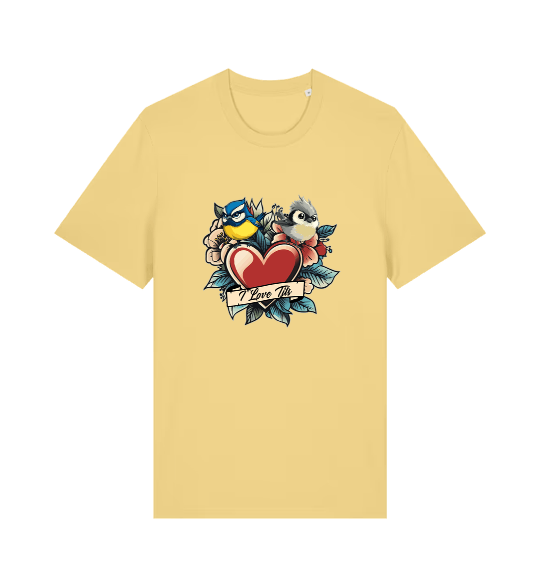 yellow funny offensive t-shirt with the graphic of some garden birds and the slogan 'i love tits'