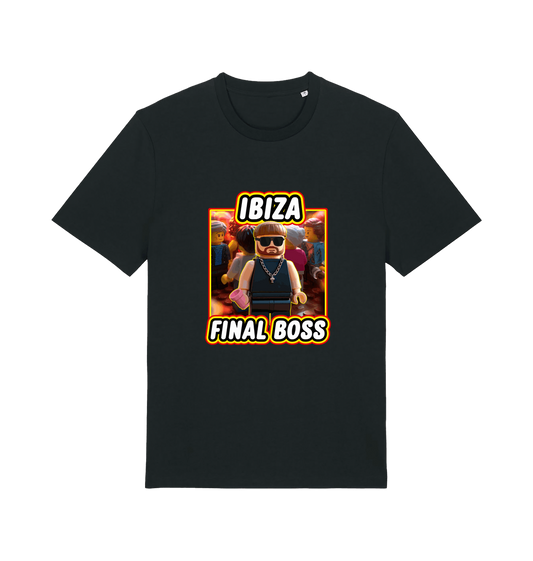 black funny graphic t-shirt with the graphic of the viral meme ibiza final boss