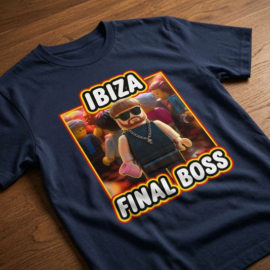 Navy Ibiza Final Boss t-shirt on wood featuring Lego club scene, funny witty mens viral meme