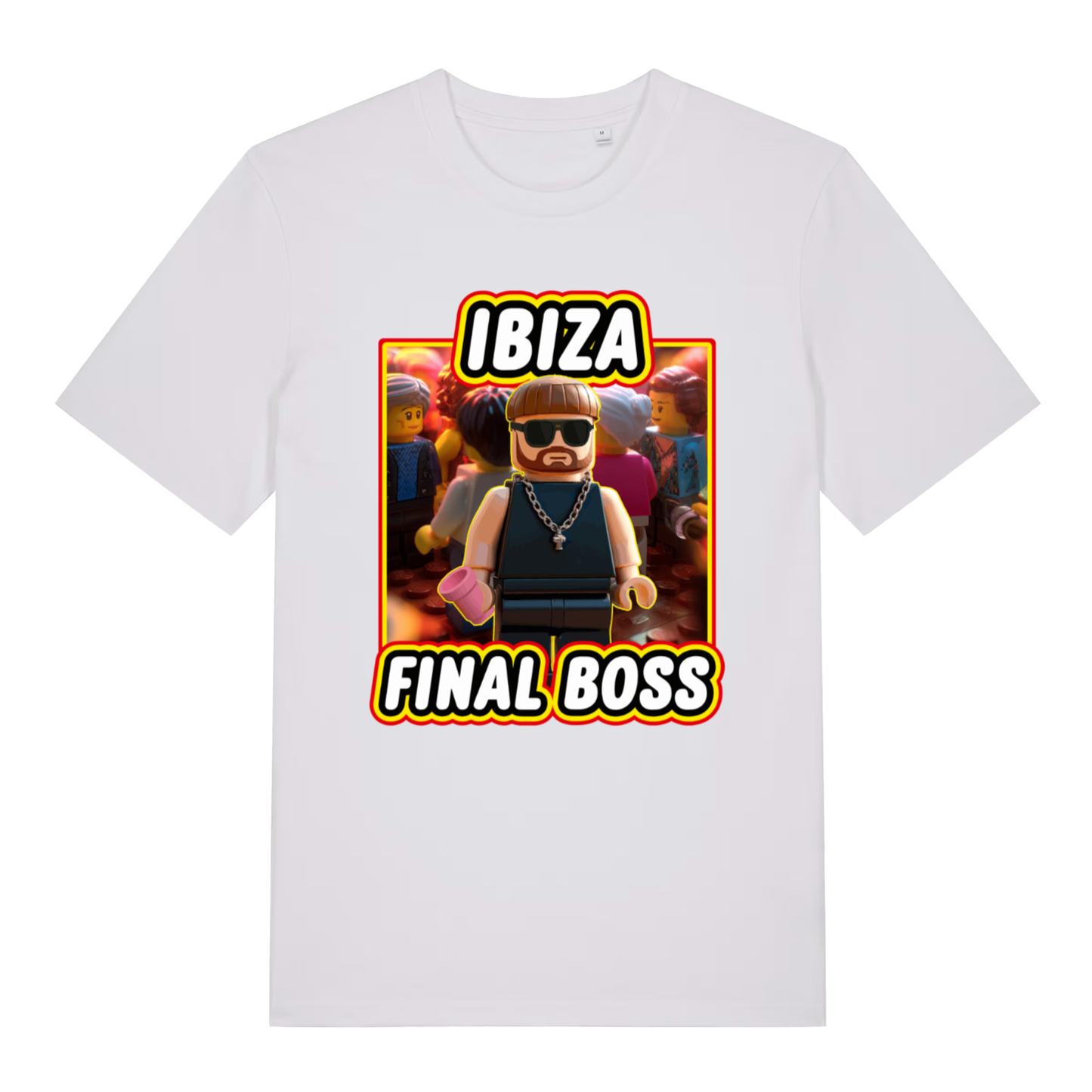 White Ibiza Final Boss funny graphic t-shirt displaying Lego-style Ibiza legend and bold “IBIZA FINAL BOSS” design