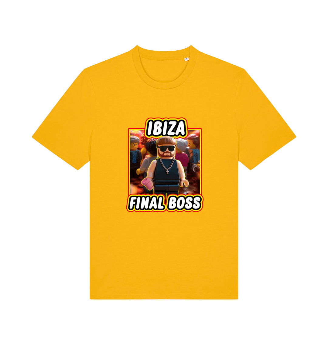yellow funny graphic t-shirt with the graphic of the viral meme ibiza final boss